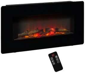 HOMCOM Lareira Elétrica de Parede 1800-2000W com Controle Remoto Simulação de Chama com Brilho Regulável Termostato e Temporizador para Salas de 30m² 91,4x11x44cm Preto