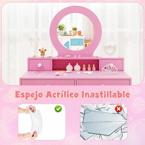 Conjunto de Toucador Infantil de Princesa com Cadeira, 70 x 40 x 110 cm, Espelho Inquebrável, Rosa