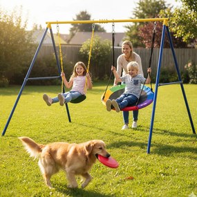 Conjunto de estrutura metálica para baloiço com capacidade para 250 kg, incluindo 2 baloiços elásticos e um disco voador, para jardim, pátio ou espaço