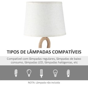 Candeeiro de Mesa Rústico com Base de Metal e Corda de Canhâmo Ecrã de Tecido Suporte para Lâmpadas E27 de Máx. 40W para Sala de Estar Dormitório Ø30x