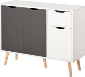Aparador Móvel Auxiliar de Armazenamento com 2 Armários de Porta Gaveta Pés de Madeira 90x30x72 cm Cinza e Branco