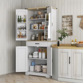 Armário de cozinha tipo aparador, 4 portas, 6 prateleiras com porta, 1 gaveta e prateleiras ajustáveis, 76,5 x 40 x 181 cm, branco