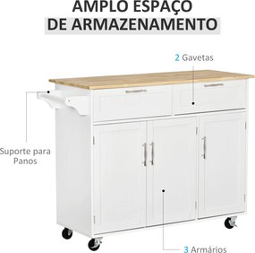 Carrinho/Ilha de Cozinha "Gourmet" com Rodas – 121x46x91 cm – Branco e