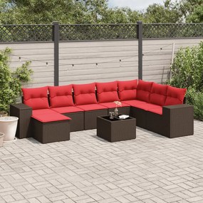 vidaXL 9 pcs conjunto sofás p/ jardim c/ almofadões vime PE castanho