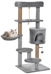 Árvore Arranhador para Gatos com Plataforma Caverna Rede postes de Juta Corda e Bola Suspensa 48x48x120 cm Cinza