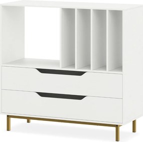 Suporte para gira-discos e para discos de vinil 91 x 36 x 87 cm com compartimento aberto 4 prateleiras e 2 gavetas e pés de metal branco