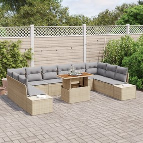 Conjunto de Sofá de Jardim com Almofadas 11 Peças Bege Rattan Poliéste
