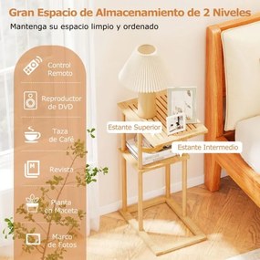Conjunto de 2 mesas auxiliares 40 x 28 x 65 cm retangulares de bambu com prateleiras de arrumação, mesa de cabeceira em acabamento natural