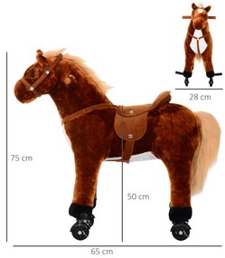 Cavalo de Brinquedo para Crianças de +3 Anos com Rodas Sons e Estrutura de Metal Carga 60kg 65x28x75 cm Castanho