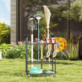 Organizador de ferramentas de jardim, suporte para ferramentas de jardim com 40 compartimentos em 2 níveis e rodas, 57 x 48 x 70 cm, preto