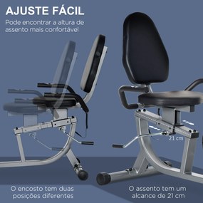 Bicicleta Estática com Encosto com 8 Níveis de Resistência Magnética Comprimento Ajustável Ecrã LCD 122-137x62x103 cm Cinza