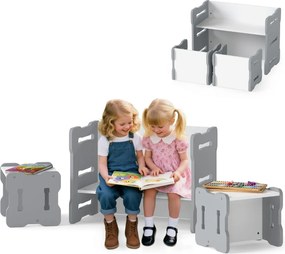 Conjunto de mesa e cadeira para crianças Conjunto de 3 peças para crianças pequenas com 2 bancos e mesa de atividades Cinzento