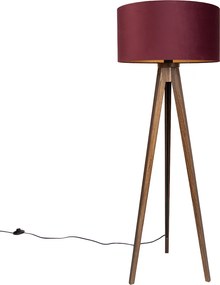 Candeeiro de Pé Tripé em Madeira de Nogueira com Abajur Vermelho e Interior Dourado 50cm - Tripod Classic
