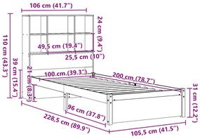 Cama com estante sem colchão 100x200 cm pinho maciço