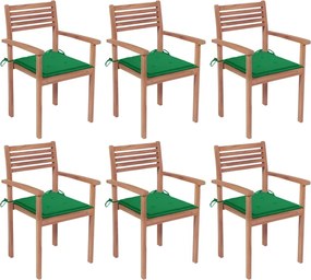 vidaXL Cadeiras de jardim empilháveis c/ almofadões 6 pcs teca maciça