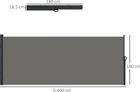 Toldo lateral com proteção contra olhares indiscretos, retrátil, 4 x 1,80 m, em alumínio e poliéster anti-UV de alta densidade (180 g/m²), cinzento es