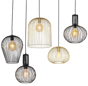 Conjunto de 5 candeeiros de suspensão design preto e dourado - Wires Design