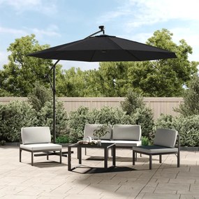 Guarda-sol cantilever c/ luzes LED e poste de aço 300 cm preto