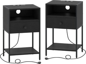 Conjunto de 2 mesas de cabeceira, mesas apoio 40 x 32 x 65 cm com Estação de carregamento, Compartimento aberto Gaveta Pretas