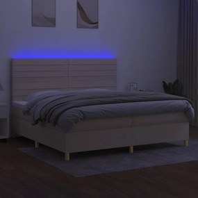 Cama box spring c/ colchão e LED 200x200 cm tecido cor creme