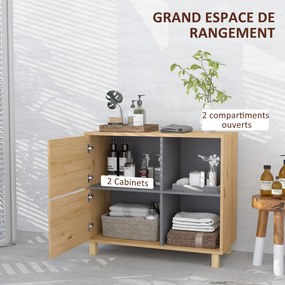 Móvel de casa de banho 80 x 35 x 70 cm, de arrumação com compartimentos abertos e armário, cor de madeira natural
