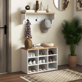 Conjunto de mobiliário para entrada 2 em 1: cabideiro de parede e banco para sapatos, com 3 ganchos e 9 compartimentos abertos, 75 x 30 x 50 cm, branc