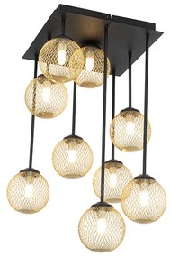 Candeeiro de teto Art Deco preto com dourado 9 luzes - Athens Wire