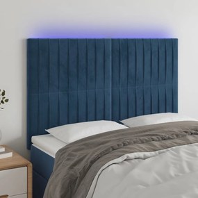 Cabeceira cama c/ luzes LED veludo 144x5x118/128cm azul-escuro