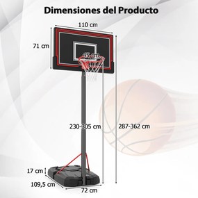 Cesto de Basquetebol Portátil Ajustável em Altura 230-305 CM com Rodas Base de Enchimento para Adultos/Jovens/Crianças