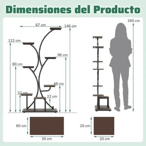 Suporte de 8 níveis para plantas com luzes de crescimento ajustáveis e temporizador 67 x 30 x 146 cm Castanho e preto