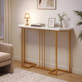 Mesa de Consola, 110 x 30 x 91 cm, Tampo com Imitação de Mármore, Natural + Branco