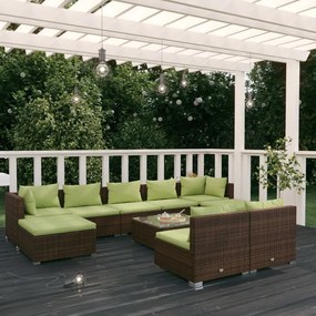 vidaXL 10 pcs conjunto lounge jardim c/ almofadões vime PE castanho