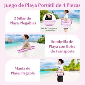 Conjunto de guarda-sol de praia com 2 cadeiras dobráveis e manta de piquenique para exterior com mecanismo de inclinação Rosa