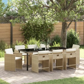 vidaXL Conjunto de Jantar de Jardim de 9 Peças com Almofadas Bege de Vime PE