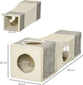 Túnel para gatos de interior, brinquedos para gatos com bola suspensa e várias entradas, em sisal, 98 x 30 x 30 cm, cor creme
