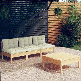 vidaXL 4 pcs conjunto lounge jardim c/ almofadões cor creme pinho