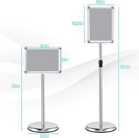 Conjunto de 2 suportes de pé A4 para cartazes de metal, cartazes de quadro, menus, publicidade exterior, altura ajustável, giratório, prateado