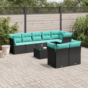 vidaXL 9 pcs conjunto de sofás p/ jardim c/ almofadões vime PE preto