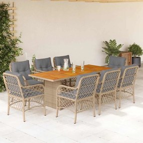 vidaXL 9 pcs conj. jantar jardim c/ almofadões vime PE bege misturado