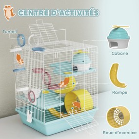 Gaiola para hamsters 34,5 x 27,5 x 41 cm, gaiola para roedores de 3 níveis, com roda de exercício, túnel de brincar, comedouro, casinha, azul