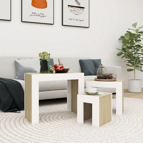 vidaXL Mesas de centro de encastrar 3 pcs contraplacado branco/sonoma