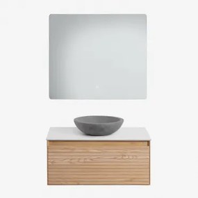 Conjunto De Móvel De Casa De Banho Suspenso 80x50 Cm Em Madeira De Freixo Tedrik Castanho Fresno & Cimento Cinzento Redondo Ø40 Cm Tarsis - Sklum