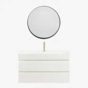Conjunto De Móvel De Casa De Banho Em Madeira E Chapa De Freixo Com Lavatório Integrado Ona Branco & Redondo Led E Anti-embaciamento - Sklum