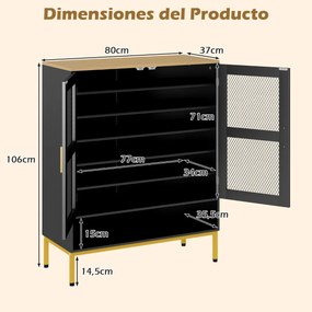 Sapateira de 7 níveis 80 x 37 x 106 cm com portas de malha Organizador moderno para sapatos em madeira com prateleiras ajustáveis Preto