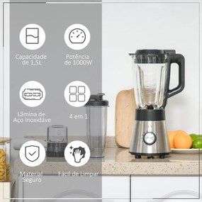 Liquidificadora de 1000W Jarro de Cristal de 1,5L com 4 Programas 5 Velocidades Ajustáveis Lâmina de 6 Folhas Aço Inoxidável e Garrafa Portátil 22,4x19x43cm Preto