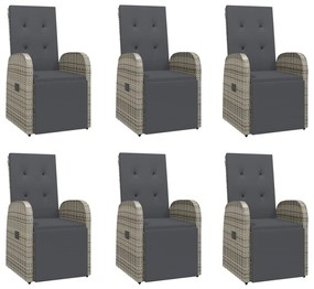 7 pcs conjunto de jantar p/ jardim c/ almofadões vime PE cinza