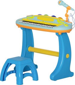 Piano eletrónico infantil de 37 teclas, com microfone, banco, luz LED e função de gravação e reprodução azul