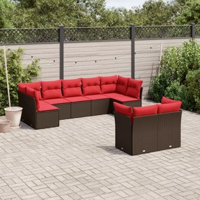 vidaXL 9 pcs conjunto sofás p/ jardim c/ almofadões vime PE castanho