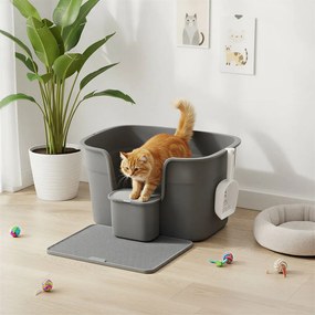 Caixa de areia gatos grande com paredes laterais altas 63,5 x 75 x 33 cm, tapete para areia e pá cinzento