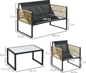 Conjunto de Jardim Exterior em Rattan Sintético com 2 Poltronas 1 Sofá de 2 Lugares 1 Mesa de Centro e Almofadas Creme